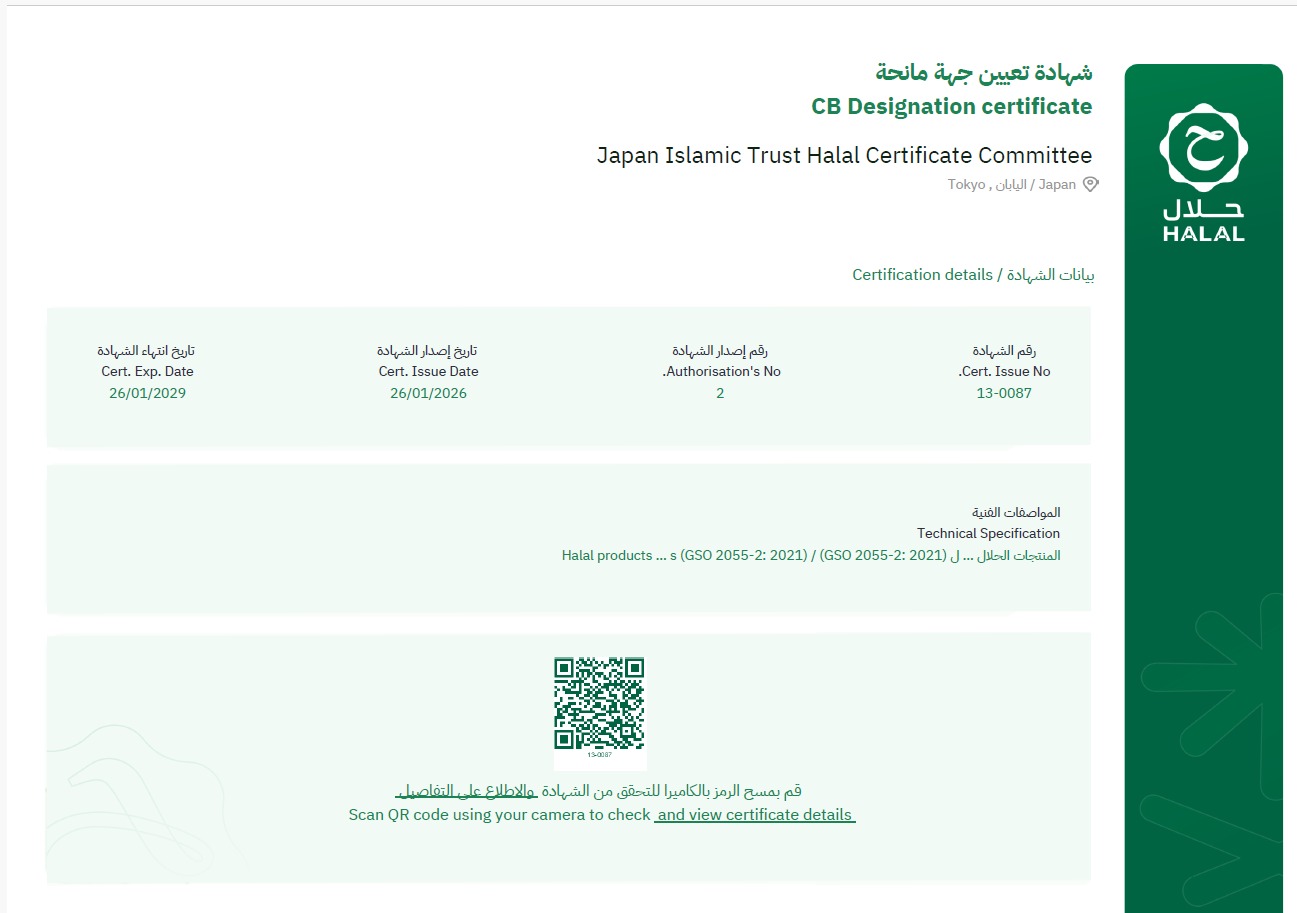 Recognition of Japan Islamic Trust, Halal Certification Body by Kingdom of Saudi Arabia, Saudi Food Drug and Authority (Saudi Halal Center)